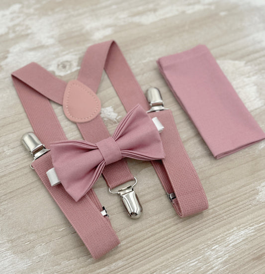Dusty Rose Bow Tie and Suspenders Set – All Sizes for Men and Boys, Pocket Square, Ring Bearer Outfit, Groomsman Gift, Boho Barn Wedding