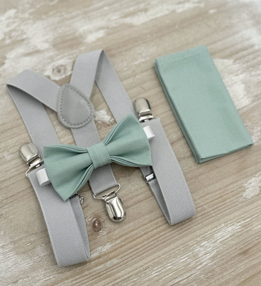 Dusty Sage Bow tie & Suspenders | Light Gray Braces | Agave Bow | Pocket Square | Ring Bearer Outfit | Rustic Boho Wedding | Groomsman Gift