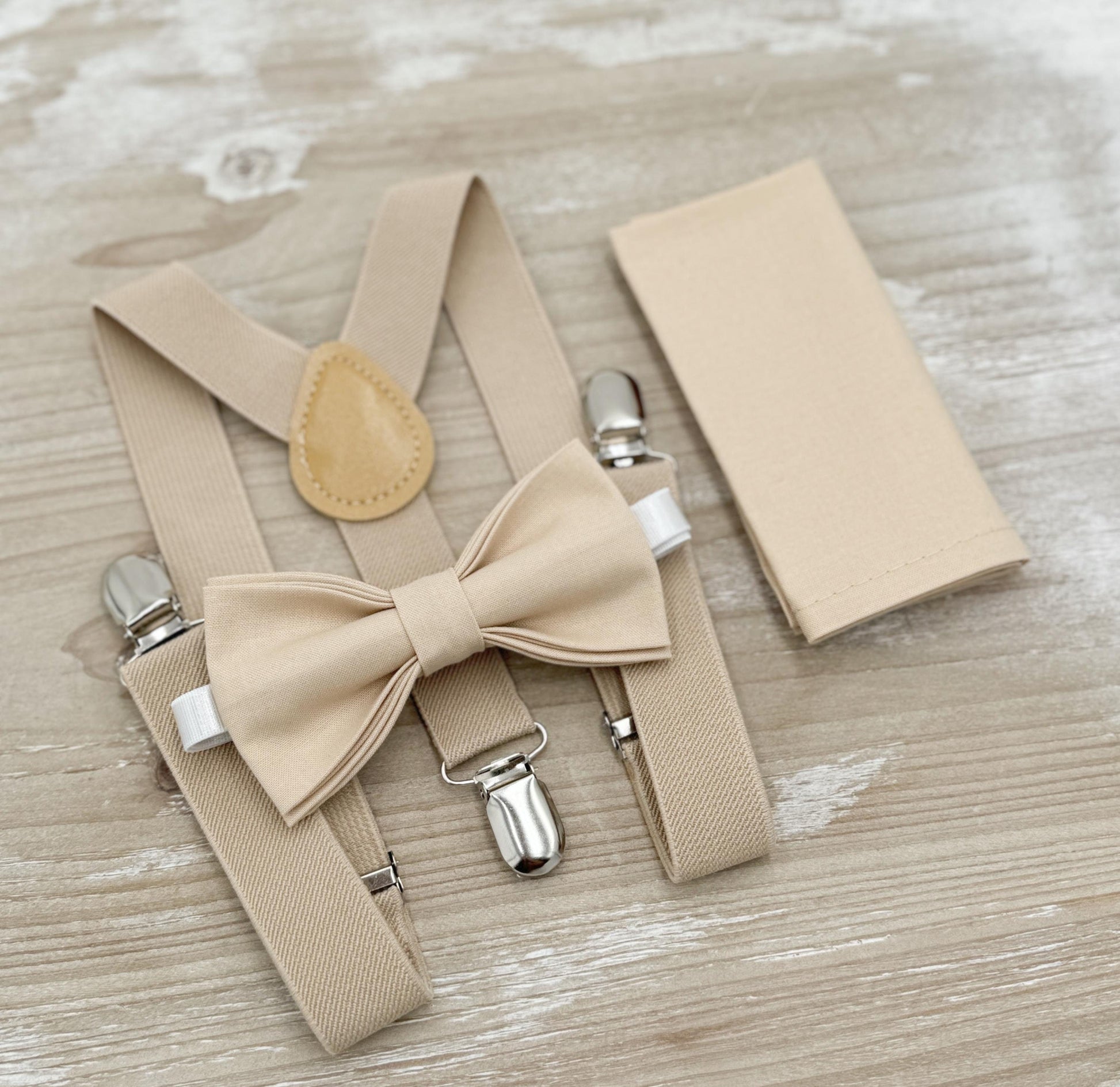 Champagne Bow Tie & Suspenders – All Sizes Baby to Adult, Ring Bearer Outfit, Rustic Boho Wedding, Groomsman Gift, Pocket Square