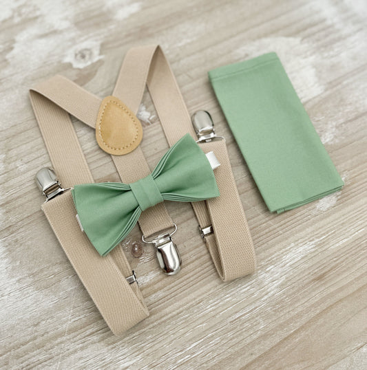 Matcha Bow tie & Suspenders | Champagne Tan Braces | Sage Meadow Green Bow | Pocket Square | Ring Bearer Outfit | Boho Rustic Wedding