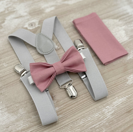 Dusty Rose Bow Tie & Suspenders – All Sizes for Men and Boys, Light Gray Braces, Pocket Square, Ring Bearer, Groomsman Gift, Barn Wedding