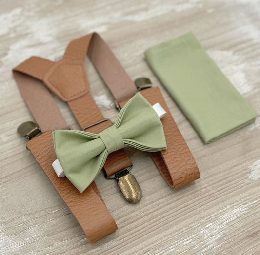 Pistachio Bow tie & Vegan Leather Suspenders | Light Brown Braces | Groomsman Set | Pocket Square | Ring Bearer Outfit | Rustic Boho Wedding