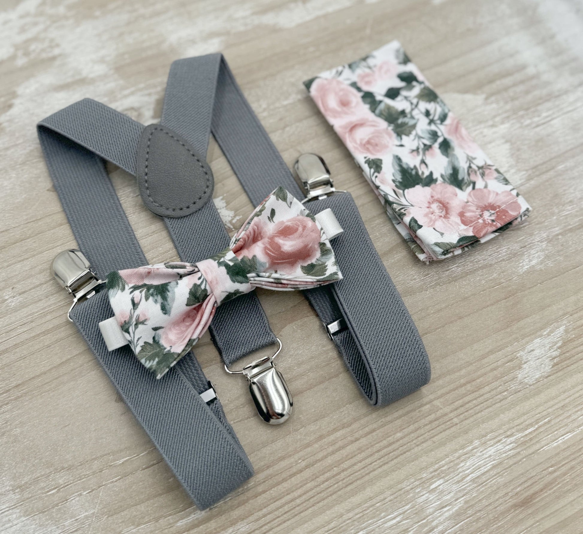 Floral Bow tie & Suspenders | Gray Braces | Dusty Rose Bow Tie | Pocket Square | Ring Bearer Outfit | Boho Wedding | Groomsman Gift