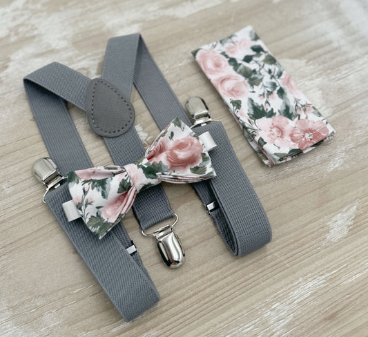 Floral Bow tie & Suspenders | Gray Braces | Dusty Rose Bow Tie | Pocket Square | Ring Bearer Outfit | Boho Wedding | Groomsman Gift