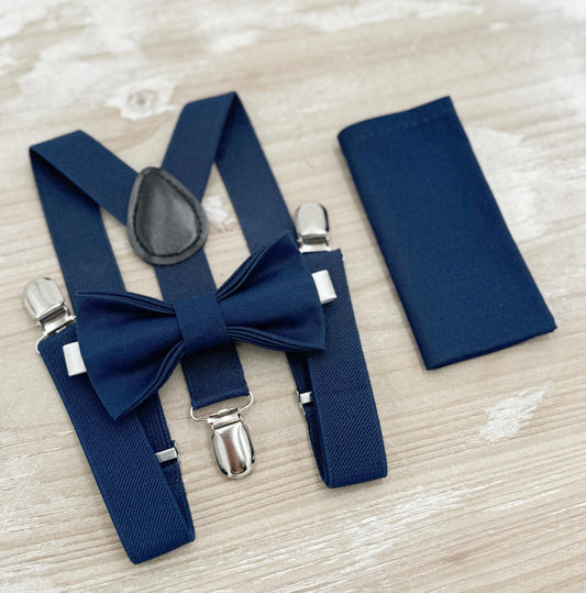 Navy Bow tie & Suspenders | Marine Blue BowTie | Pocket Square | Ring Bearer Outfit | Boho Rustic Wedding