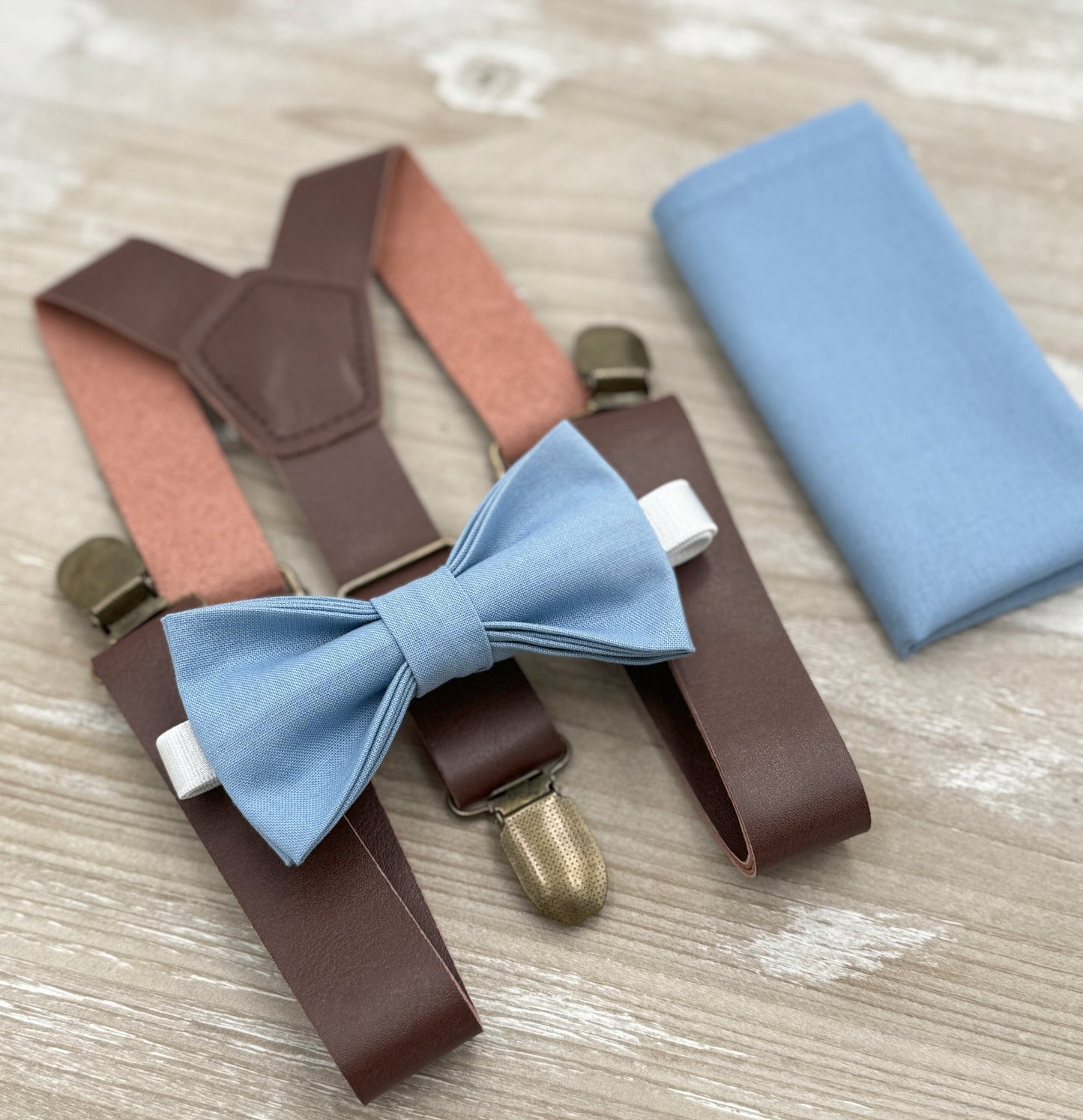 Steel blue Bow Tie & Suspenders , Brown Vegan Leather suspenders , Men's pocket square , Boy's Baby Ring bearer gift , Wedding Outfit