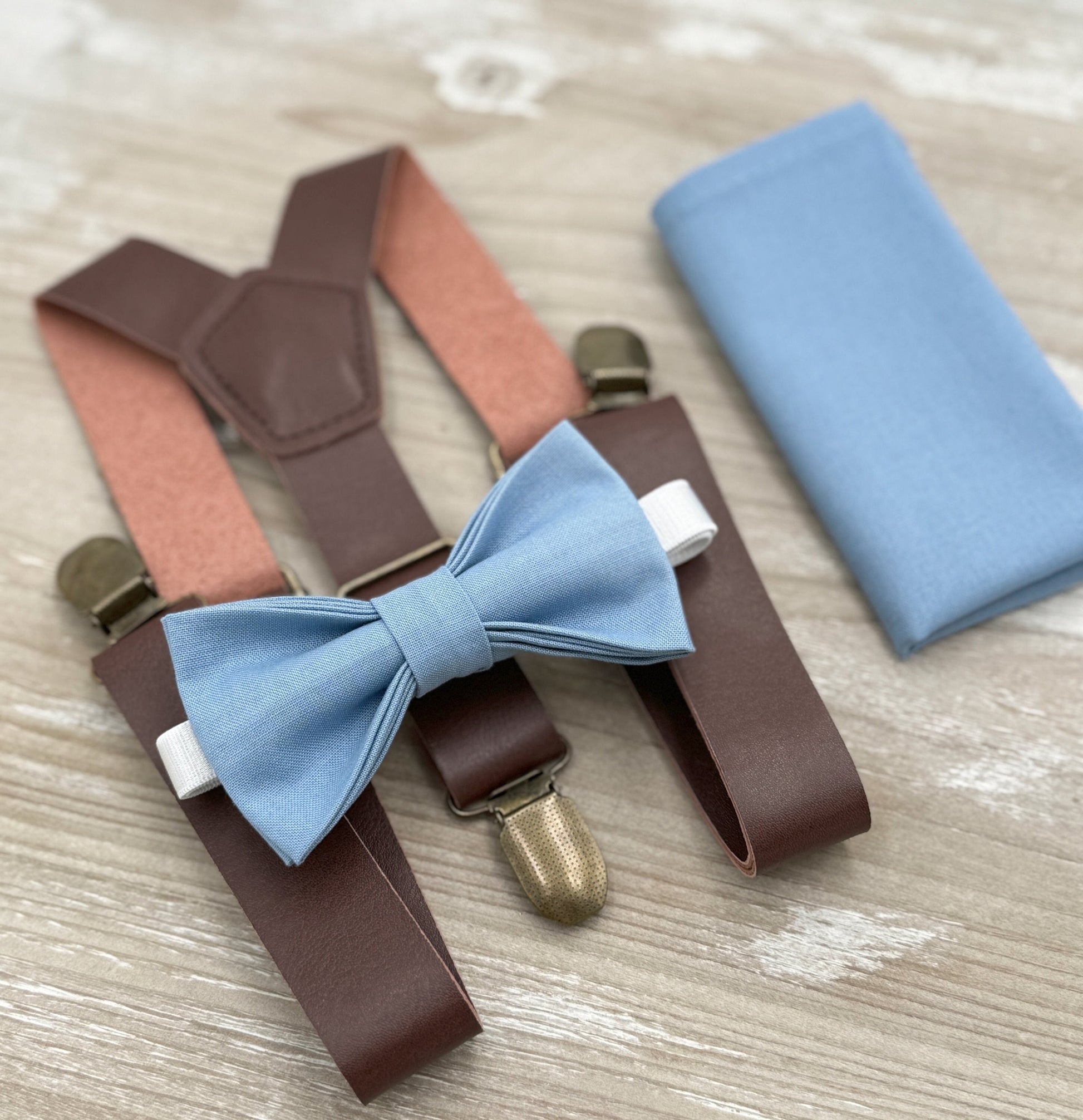 Steel blue Bow Tie & Suspenders , Brown Vegan Leather suspenders , Men's pocket square , Boy's Baby Ring bearer gift , Wedding Outfit