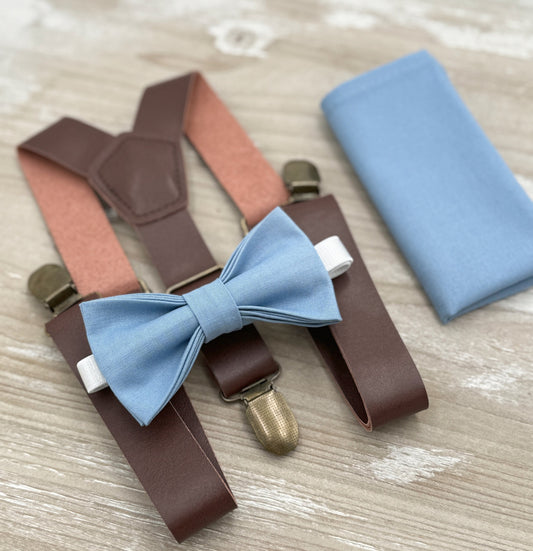 Steel blue Bow Tie & Suspenders , Brown Vegan Leather suspenders , Men's pocket square , Boy's Baby Ring bearer gift , Wedding Outfit