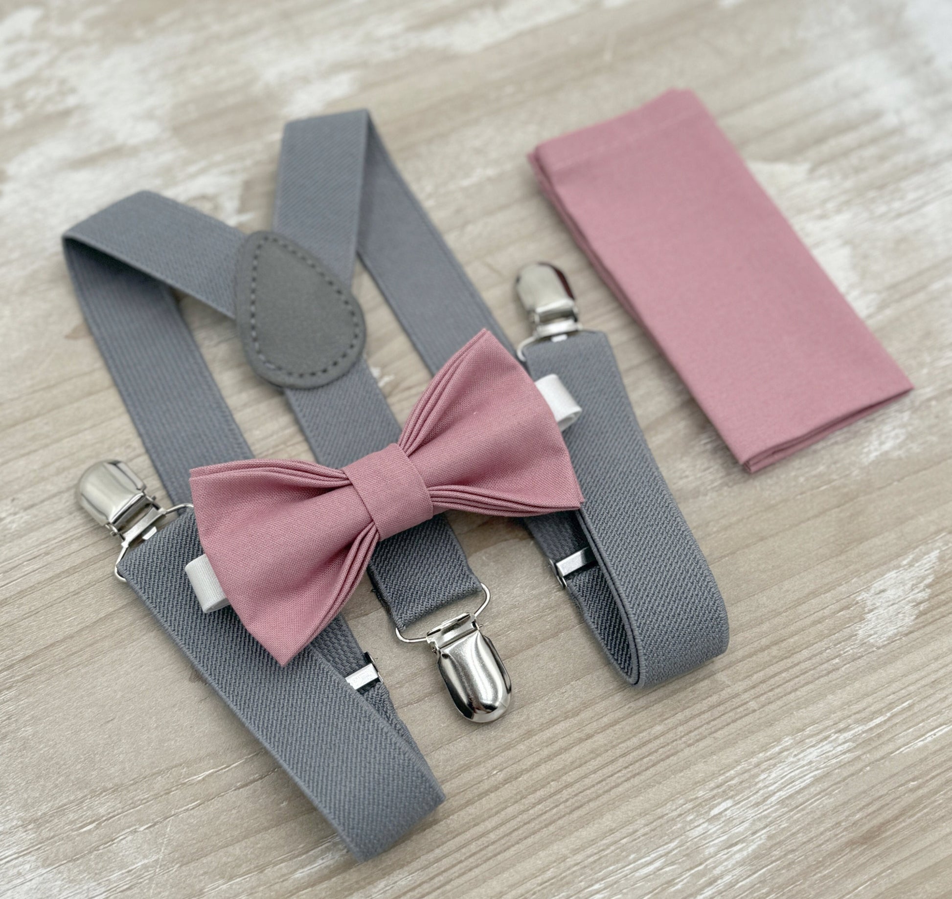 Dusty Rose Bow tie & Suspenders | Gray Braces | Pocket Square | Ring Bearer Outfit | Rustic Boho Wedding | Groomsman Gift