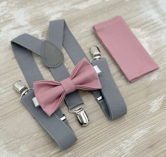Dusty Rose Bow tie & Suspenders | Gray Braces | Pocket Square | Ring Bearer Outfit | Rustic Boho Wedding | Groomsman Gift