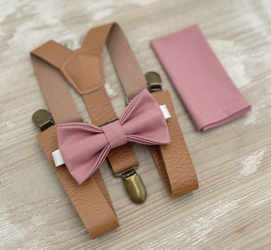 Dusty Rose Bow Tie & Suspenders – All Sizes for Men and Boys, Leather Braces, Pocket Square, Ring Bearer, Groomsman Gift, Boho Barn Wedding