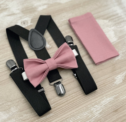 Dusty Rose Bow Tie & Suspenders – All Sizes for Men and Boys, Black Braces, Pocket Square, Ring Bearer, Groomsman Gift, Boho Barn Wedding
