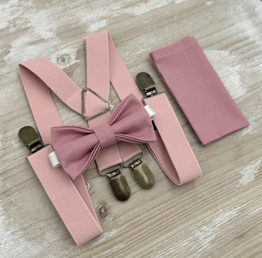Dusty Rose Bow Tie & Suspenders – All Sizes for Men and Boys, X - Back Dusty Pink Braces, Pocket Square, Ring Bearer, Groomsman Gift