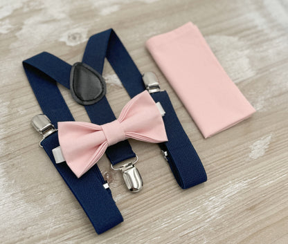 Blush Bow tie & Suspenders | Navy Blue Braces | Petal Bow Tie | Pocket Square | Ring Bearer Outfit | Boho Wedding