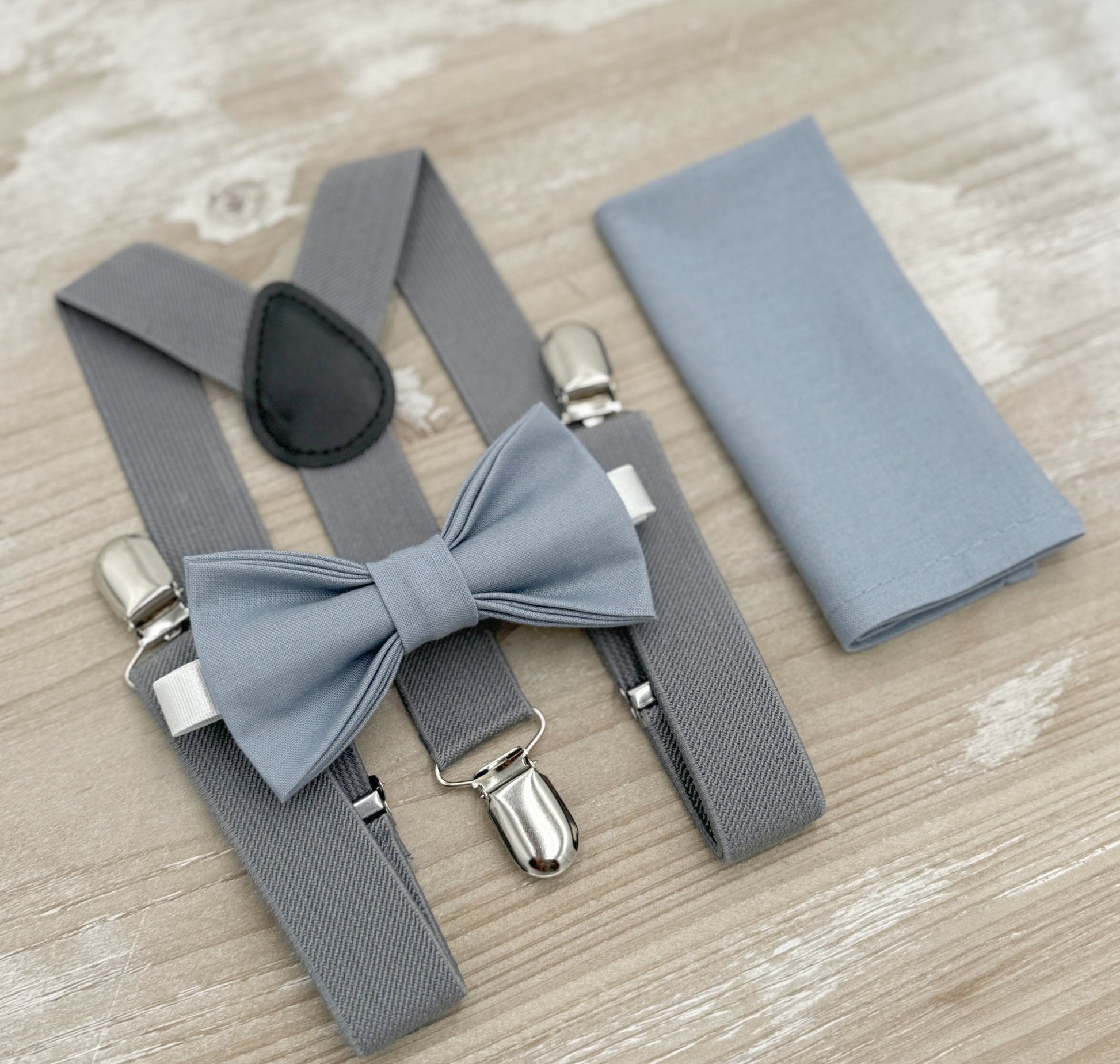 Dusty Blue Bow tie & Suspenders | Gray Braces | Pocket Square | Ring Bearer Outfit | Rustic Boho Wedding Set