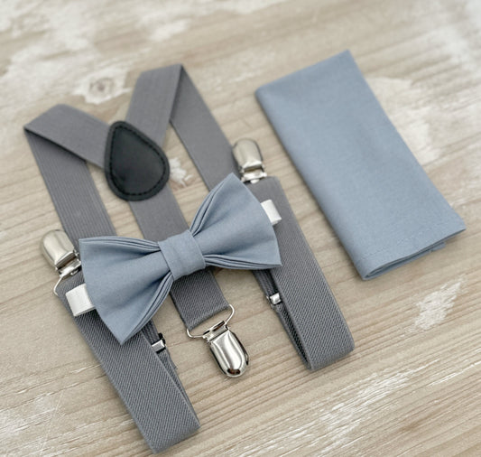 Dusty Blue Bow tie & Suspenders | Gray Braces | Pocket Square | Ring Bearer Outfit | Rustic Boho Wedding Set