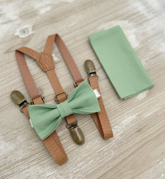 Matcha Bow tie & Suspenders | Skinny Leather Light Brown Braces | Sage Meadow Bow | Pocket Square | Ring Bearer Outfit | Boho Rustic Wedding