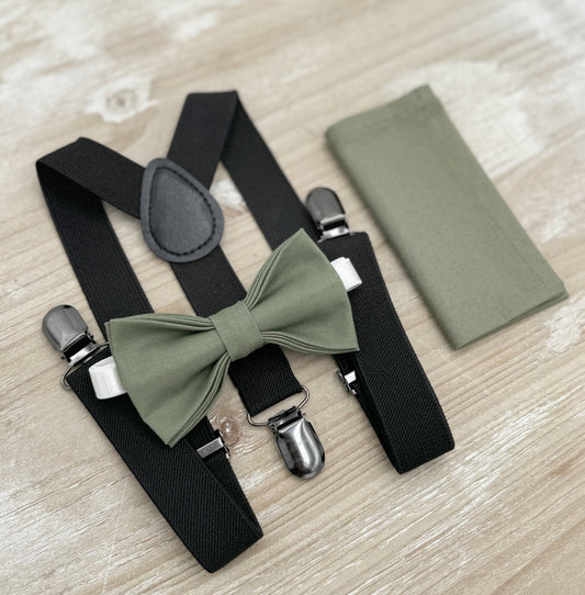 Moss Bow Tie & Suspenders – All Sizes for Men and Boys, Pocket Square, Black Suspenders, Ring Bearer Gift, Rustic Wedding Set