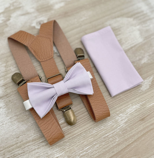 Iris Bow tie & Suspenders | Leather Light Brown Braces | Pocket Square | Ring Bearer Outfit | Boho Rustic Wedding
