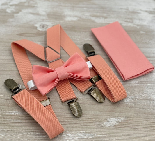 Coral Bow tie & Suspenders | X - Back Sunset Braces | Salmon Bow Tie | Pocket Square | Ring Bearer Outfit | Boho Wedding | Groomsman Gift