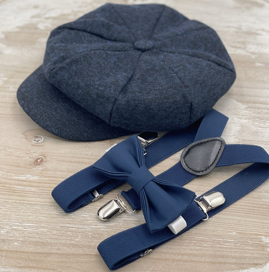 Navy Blue Newsboy cap , Boy's Applejack Flat hat , Navy Bow Tie , Marine Suspenders , Wedding Ring bearer outfit ,Dark Blue Ivy Cap