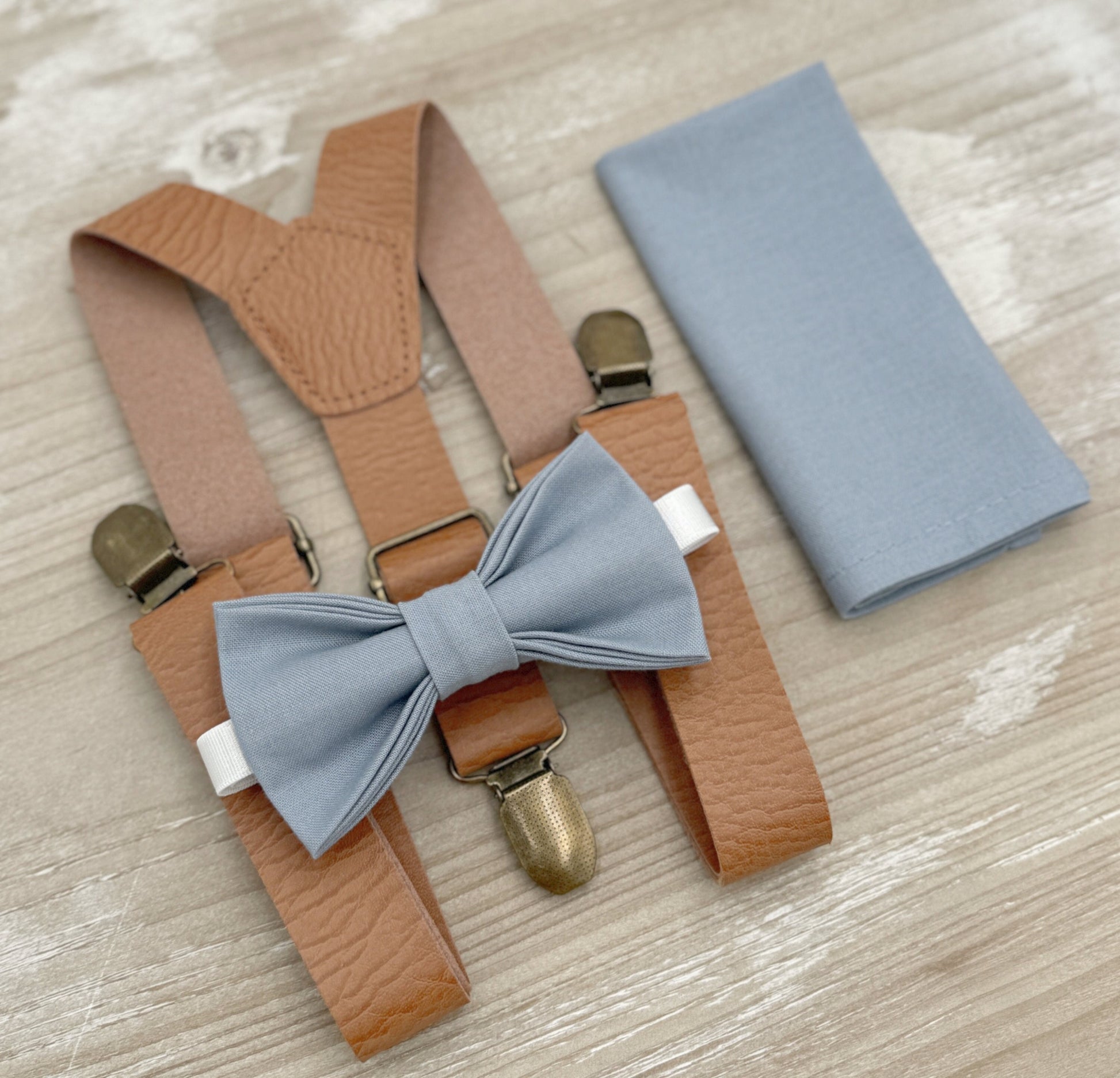 Dusty Blue Bow tie & Suspenders | Light Brown Leather Braces | Pocket Square | Ring Bearer Outfit | Boho Rustic Wedding