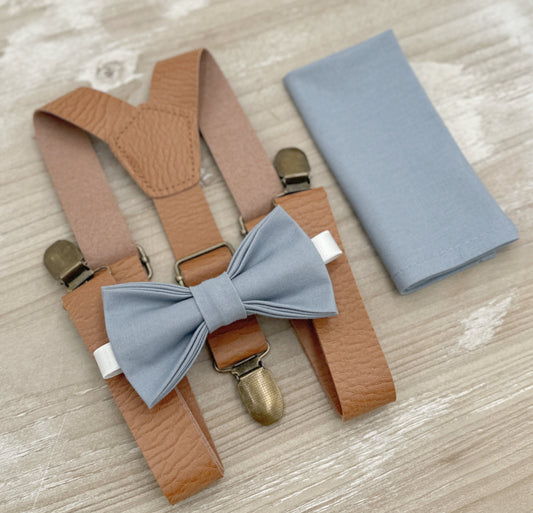 Dusty Blue Bow tie & Suspenders | Light Brown Leather Braces | Pocket Square | Ring Bearer Outfit | Boho Rustic Wedding