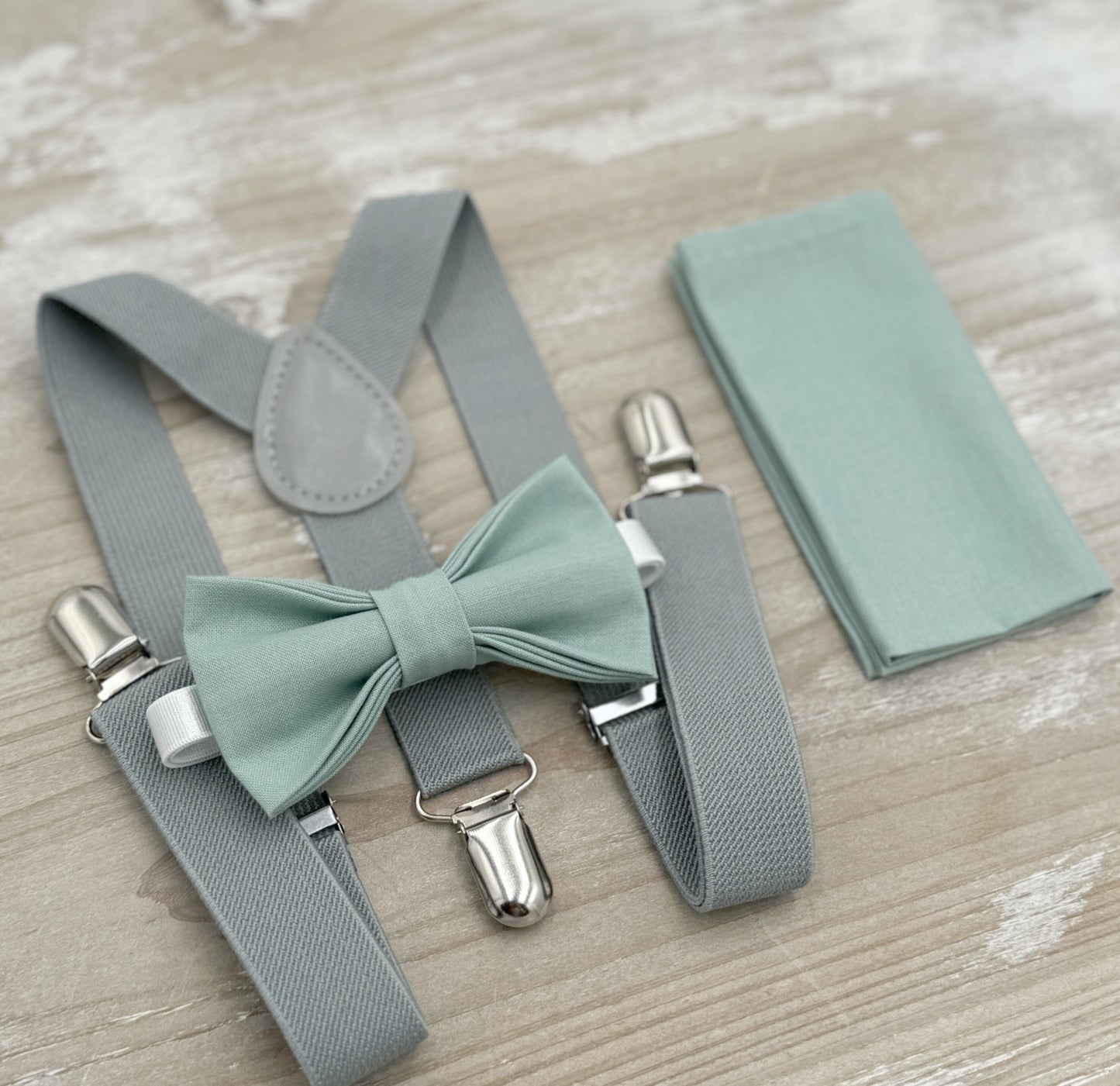 Dusty Sage Bow tie & Suspenders | Dusty Gray Braces | Agave Bow | Pocket Square | Ring Bearer Outfit | Rustic Boho Wedding | Groomsman Gift