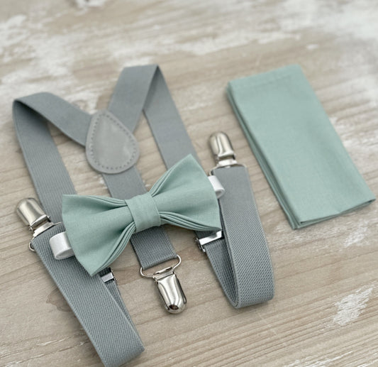 Dusty Sage Bow tie & Suspenders | Dusty Gray Braces | Agave Bow | Pocket Square | Ring Bearer Outfit | Rustic Boho Wedding | Groomsman Gift