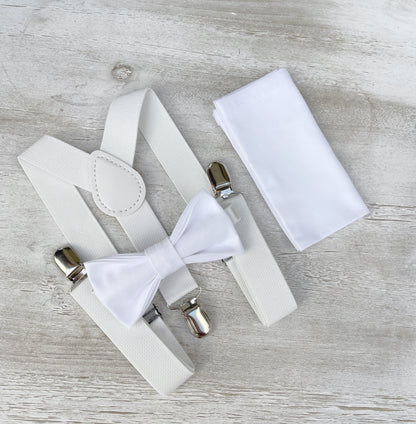 White Bow Tie & Suspenders , Men's pocket square , Boy's Ring Bearer gift , Groomsmen set , Wedding outfit , Christening set , Baptism set