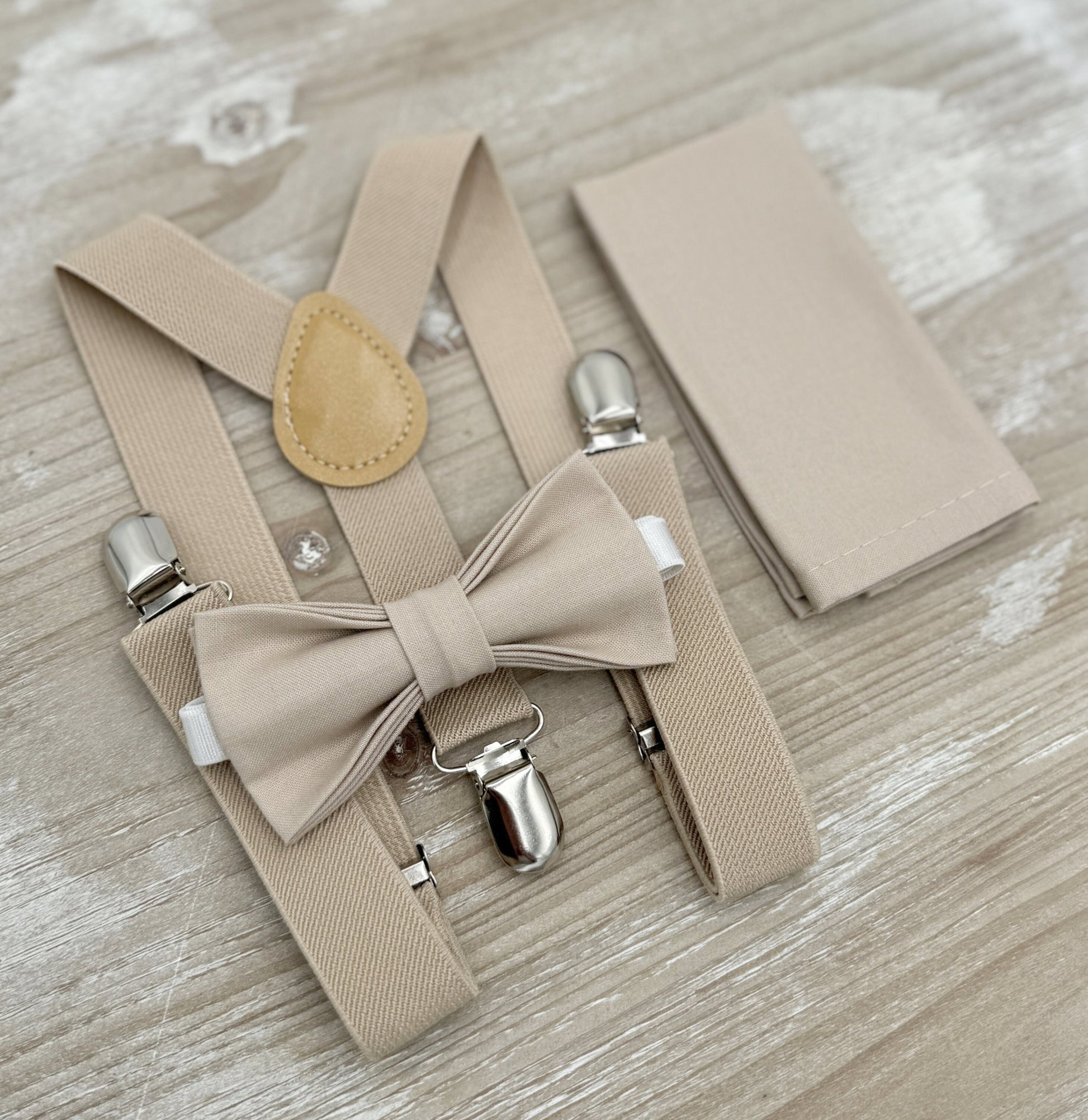 Biscotti Bow tie & Suspenders | Champagne Tan Braces | Frost Tan Bow | Pocket Square | Ring Bearer Outfit | Boho Rustic Wedding