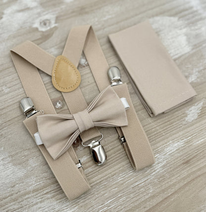 Biscotti Bow tie & Suspenders | Champagne Tan Braces | Frost Tan Bow | Pocket Square | Ring Bearer Outfit | Boho Rustic Wedding