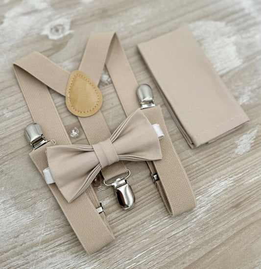 Biscotti Bow tie & Suspenders | Champagne Tan Braces | Frost Tan Bow | Pocket Square | Ring Bearer Outfit | Boho Rustic Wedding