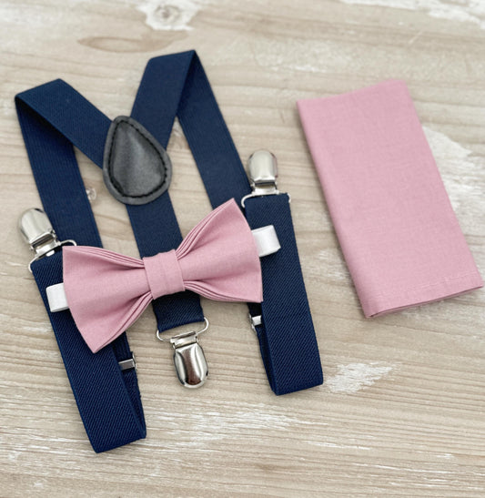 Vintage Mauve Bow tie & Suspenders | Navy Blue Braces | Quartz Bow | Pocket Square | Ring Bearer Outfit | Boho Rustic Wedding