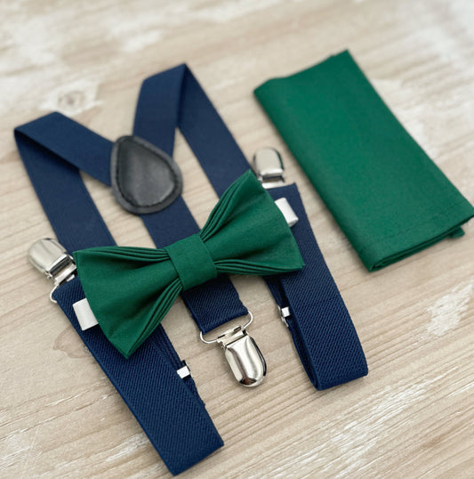 Juniper Bow tie & Suspenders | Navy Blue Braces | Emerald Green Bow | Pocket Square | Ring Bearer Outfit | Boho Rustic Wedding