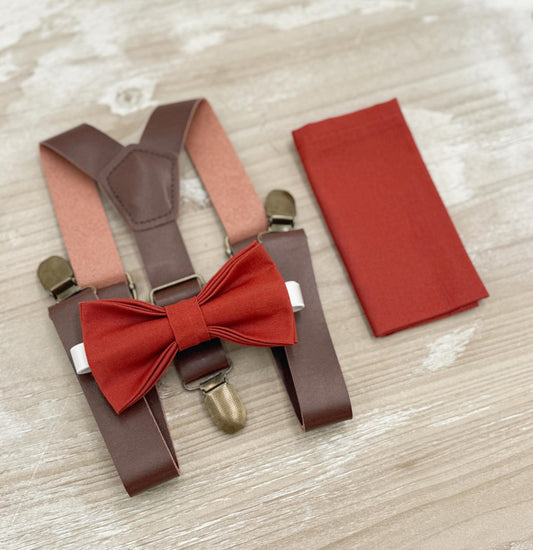 Terracotta Bow tie & Suspenders | Leather Braces | Cinnamon Bowtie | Pocket Square | Ring Bearer Outfit | Boho Rustic Wedding