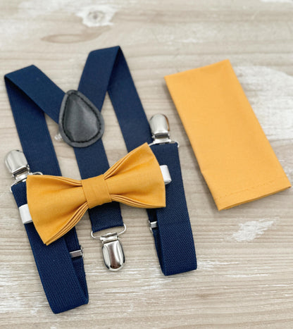 Marigold Bow tie & Suspenders | Navy Blue Braces | Pocket Square | Ring Bearer Outfit | Boho Rustic Wedding