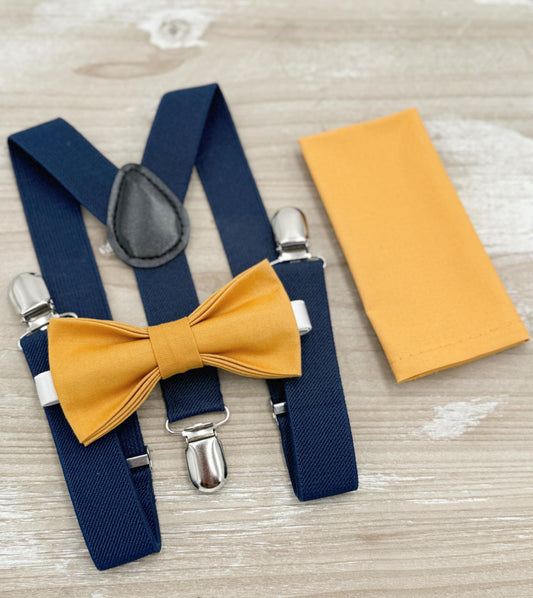 Marigold Bow tie & Suspenders | Navy Blue Braces | Pocket Square | Ring Bearer Outfit | Boho Rustic Wedding
