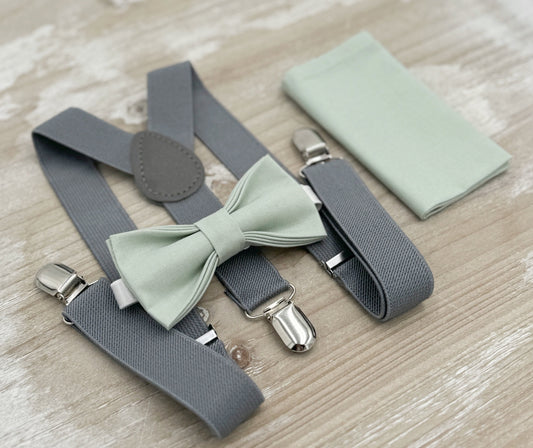 Dusty Sage Bow tie & Suspenders | Gray Braces | Pocket Square | Ring Bearer Outfit | Boho Wedding Set