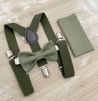 Moss Bow Tie & Suspenders – All Sizes for Men and Boys, Pocket Square, Olive Green Suspenders, Ring Bearer Gift, Rustic Wedding Set