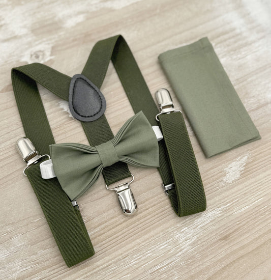 Moss Bow Tie & Suspenders – All Sizes for Men and Boys, Pocket Square, Olive Green Suspenders, Ring Bearer Gift, Rustic Wedding Set