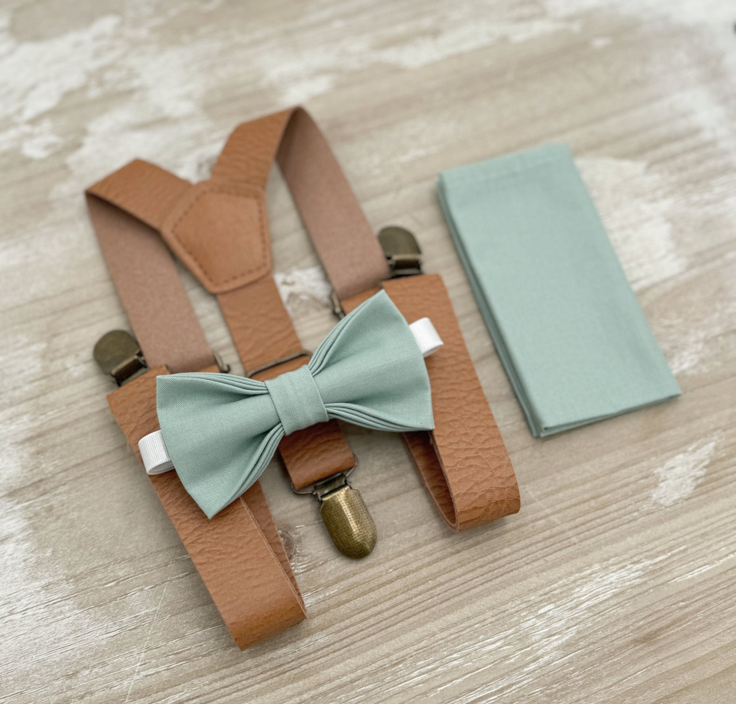 Dusty Sage Bow tie & Vegan Leather Suspenders | Light Brown Braces | Agave Bow | Pocket Square | Ring Bearer Outfit | Rustic Boho Wedding