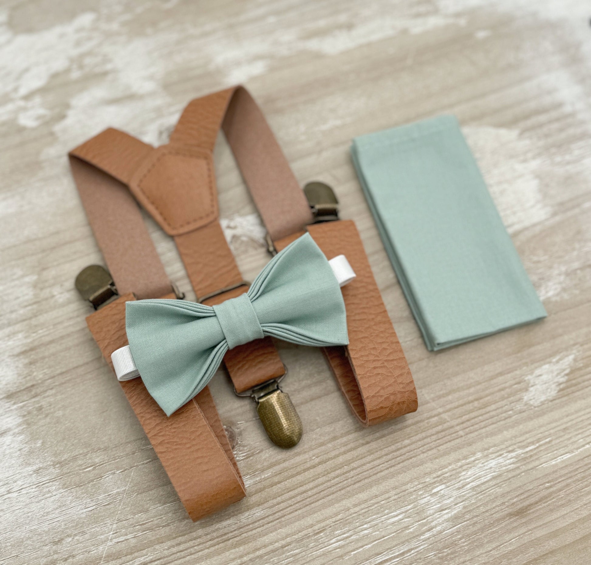 Dusty Sage Bow tie & Vegan Leather Suspenders | Light Brown Braces | Agave Bow | Pocket Square | Ring Bearer Outfit | Rustic Boho Wedding