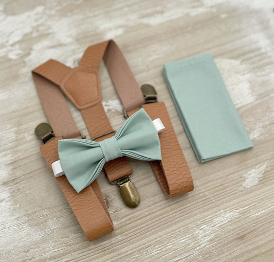 Dusty Sage Bow tie & Vegan Leather Suspenders | Light Brown Braces | Agave Bow | Pocket Square | Ring Bearer Outfit | Rustic Boho Wedding