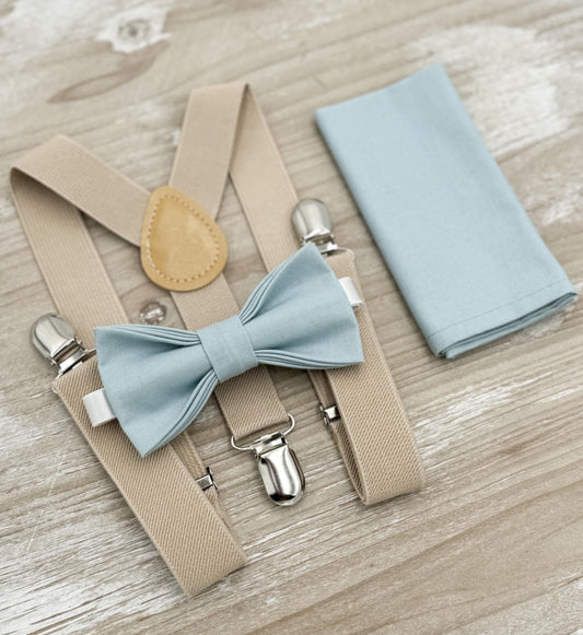 Mist Bow tie & Suspenders | Champagne Tan Braces | Sky Blue Bow | Dusty Blue Bowtie | Pocket Square | Ring Bearer Outfit | Rustic Wedding