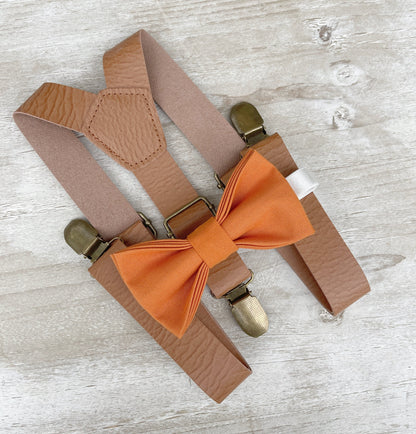 Burnt Orange Bow Tie & Leather Suspenders , Light Brown braces , Boy's Ring Bearer gift , Groomsmen Wedding outfit