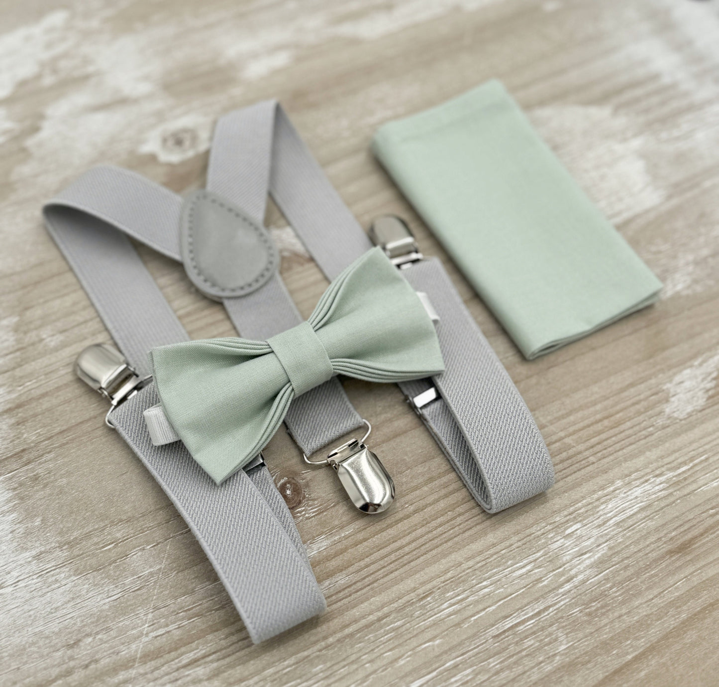 Dusty Sage Bow tie & Suspenders, Light Gray Braces, Pocket Square, Ring Bearer Outfit, Boho Wedding Set