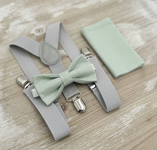 Dusty Sage Bow tie & Suspenders, Light Gray Braces, Pocket Square, Ring Bearer Outfit, Boho Wedding Set