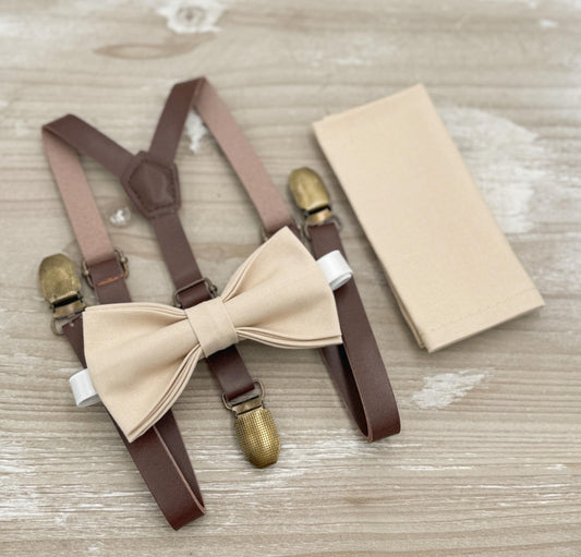 Champagne Tan Bow tie & Suspenders | Skinny Vegan Leather Braces | Pocket Square | Ring Bearer Outfit | Boho Rustic Wedding