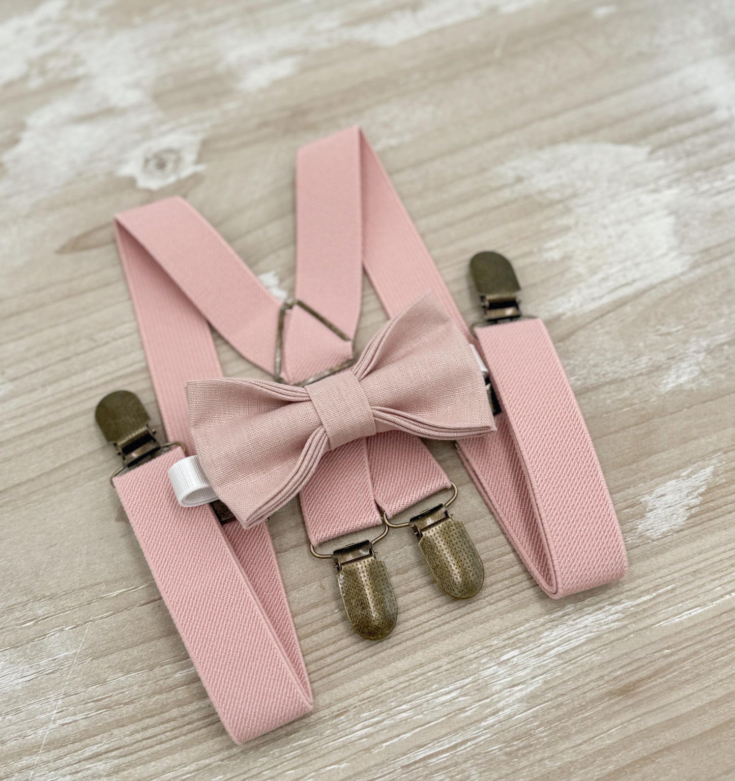 Vintage Rose Bow tie & Suspenders | Dusty Pink X - Back Braces | Linen Cameo BowTie | Ring Bearer Outfit | Boho Rustic Wedding